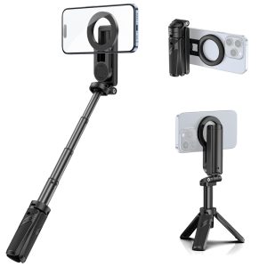 ULANZI JJ03 Magnetisches Stativ Ständer für iPhone 17 16 15 Samsung/Android Smartphone， 3 in 1 Bluetooth Selfie Stick Handy Griff Capgrip， 12N Starker Magnet， Ausziehbares Mini Stativ， Handyhalterung