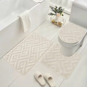 Bathroom Rugs and Mats 3 pcs Nonslip Bathroom Mats Soft Washable Bath Mats for Bathroom Floor Mats Carpet Water Absorbent Shower Rug with U-Shaped Contour Rug Toilet Lid Cover,Beige