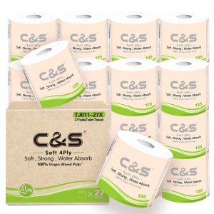C&S Virgin Wood Pulp Toilet Tissue, 4-Ply, 135 g, 27 Rolls, Unscented, Skin-Friendly Softness, Extra Thick, Durable Paper, Family Value Bulk Pack
