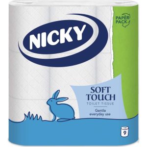 Nicky Soft Touch Toilet Tissue, 2-Ply, 9 Rolls Paper Pack