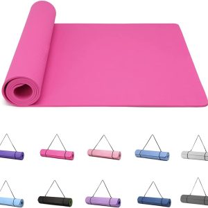 MISS LULU Unisex Non-Slip 6mm Extra Thick High-Density TPE Yoga, Pilates & Fitness Mat with Carrying Strap, 183 x 61 x 0.6 cm (Black & Gray) Fuchsia