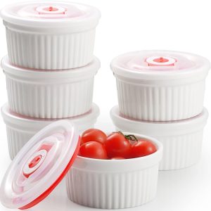 Dafuceramic Ramekins with Lids 12 oz White Creme Brulee Ramekins Ceramic Oven Safe Pudding Cups, Set of 6 Porcelain Custard for Baking Dishwasher and Microwave Safe