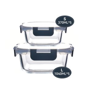 JORDAN&JUDY Black Snap-Lock Food Container 10-Piece Set, High Borosilicate Glass (1040ml*5 + 370ml*5), Sealed Lids, Office Lunch Box Set