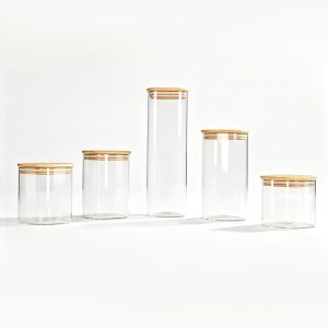 JORDAN&JUDY 5-Piece Food Storage Jars, Glass Airtight Containers for Grains, Wood Grain（750ml*1+800ml*1+1100ml*1+1500ml*1+2300ml*1）