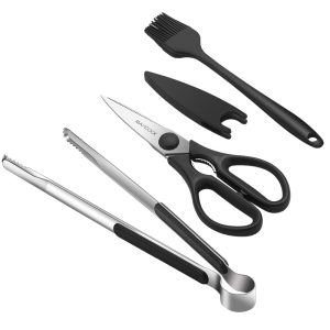 Maxcook 3pcs Stainless Steel BBQ Grilling Accessories Set - BBQ Tongs, Oil Brush, Scissors Set (Black) MCPJ9562