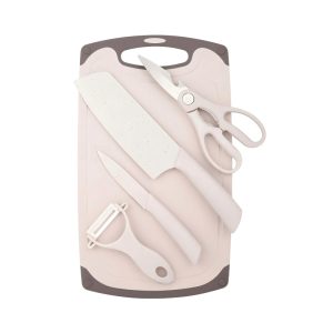 5-Piece Cutting Board Set With Knives Non Slip Surface Dishwasher Safe Beige