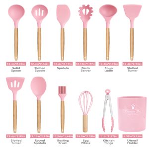 MEOKY 12pcs Silicone Kitchen Utensil Set with Small Holder - Pink, New Year Sale , Top gift picks