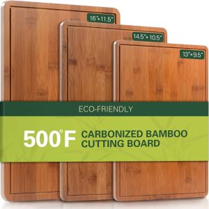 VVM Carbonized Bamboo Cutting Boards for Kitchen, XL Durable Wood Cutting Board with Juice Grooves and Handles, Set of 3 Solid Charcuterie Board for Meal Prep & Serving