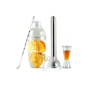 BJ 700ml Shaker Set - 4 Pieces (Splash-Proof Lid + Bar Spoon + Measuring Cup + 30cm Ice Muddler)