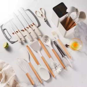 19-Piece Premium Knife Block Set With Silicone Utensils Kitchen Tool Set White