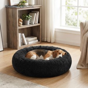 Ochama Plush Donut-Shaped Dog Crate Bed with Removable & Washable Cover, Black, Diameter 32 Inches x Height 8 Inches (80 x 20 cm)