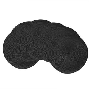 White Label BL Pearl PP Single-Color Placemat Black，Set of 6 Round Braided Placemats Table Mats for Dining Tables Washable Non-Slip Place Mats 15 inch for Home Decoration