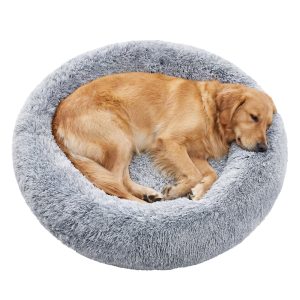 Ochama Fluffy Dog Bed, Cat Bed, Doughnut Cushion, Washable, Removable Padding in the Middle, Long Plush, 100 cm Diameter, Ombre Grey