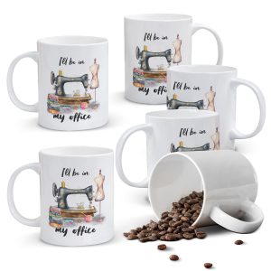 Alphynix 1pc 11oz White Mug with "I'LL BE IN MY office" Pun & Detailed Sewing Notions, Whimsical Christmas or Thanksgiving Gift for Crafters