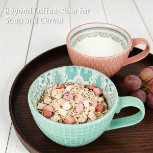 Set of 2 400ml Ceramic Mugs, Textured Matte Finish, Mint Green & Coral Pink Coffee Cups with Handle