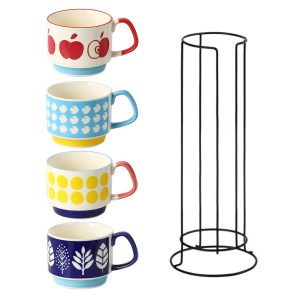 ​ Set of rack and 4 Ceramic Mugs with Fun Patterns, 300ml Colorful Coffee Cups (Apple, Dots, Leaf, Stripe)