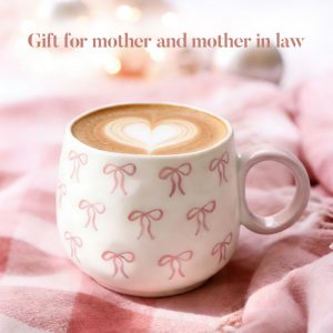 400ml Ceramic Mug with Pink Bow Pattern, Gift Box Included, Women’s Coffee Cup, Elegant Design