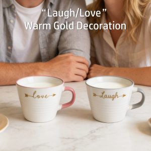​Set of 2 “Love” and “Laugh” Ceramic Mugs, 410ml Inspirational Quote Coffee Cups, White with Gold Script, Gift Box