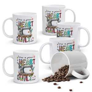 Alphynix 1pc 11oz White Mug with "I Sew a Piece of My HEART into Every QUILT" Quote & Patchwork Letters, Heartfelt Christmas or Thanksgiving Gift for Quilters