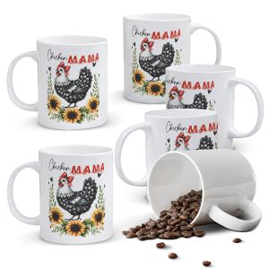 Alphynix 1pc 11oz White Mug with Funny "Chicken MAMA" Farmhouse Design and Red Bow, Unique & Humorous Christmas or Thanksgiving Gift