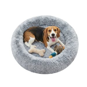 Ochama Fluffy Dog Bed, Cat Bed, Doughnut Cushion, Washable, Removable Padding in the Centre, Long Plush, 80 cm Diameter, Light Grey
