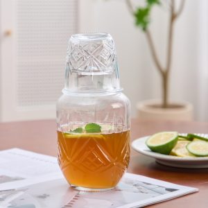 Embossed Circle Design Glass Jug Set, 2-Pack 1000ml Pitcher with 270ml Glasses, Textured Beverage Server for Iced Tea, Juice