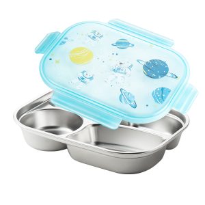 Maxcook 316L Stainless Steel Compartments Plates with PP Lids (astronaut pattern) and four buckles, Metal Divided Plates Tray for Food Portion Control