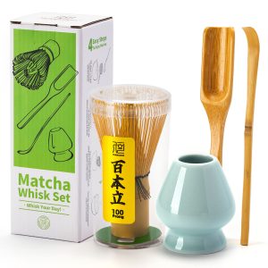 TEANAGOO Matcha Set, Bamboo Whisk (Chasen), 4-piece Kit including Traditional Scoop (Chashaku) and Blue Celadon Whisk Holder