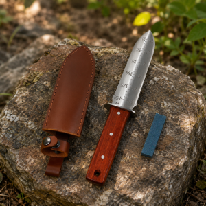 FLORA GUARD JMC-CD Professional Garden Trowel, Multi-Purpose Garden Spade with Leather Sheath, Sharpening Stone Included, Ideal for Planting, Cutting, Weeding and More