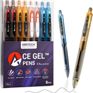 WRITECH Fine Point Gel Pens: 0.5mm Fine Point Black Ink 8ct Big Volume Silent Click Pen Soft Grip Quick Dry Smooth Writing Note Taking No Bleed & Smear ACE Gel