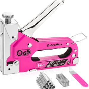 ValueMax Staple Gun 3 in 1, Heavy Duty Stapler with 2000 Staples (Type 140/28/8), TÜV GS Tested Professional Tackers, Adjustable Force Upholstery Staple Gun for Decoration, Carpentry, DIY, Pink