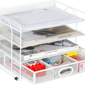 Senhoglb 4 Tier Desktop A4 Mesh File Holder with Drawer，White, New Year Sale , Top gift picks