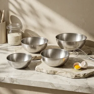 PURECOOK 304 Rolled Rim Japanese-Style Fruit Salad Bowl Collection | 4-Piece Natural Finish Salad Bowl Set