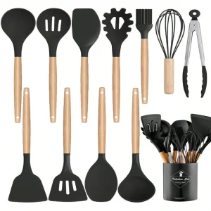 MEOKY 12pcs Silicone Kitchen Utensil Set with Small Holder -Black, New Year Sale , Top gift picks
