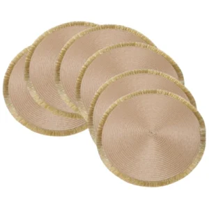 White Label 6-piece set, PP-woven bright thread tassel placemat Straw Yellow + Gold Tassel，round 38cm, hand-woven with PP material, perfect for wiping and cleaning, and shining at holiday parties and weddings