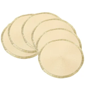 White Label 6-piece set, PP-woven bright thread tassel placemat Beige + gold tassel，round 38cm, hand-woven with PP material, perfect for wiping and cleaning, and shining at holiday parties and weddings