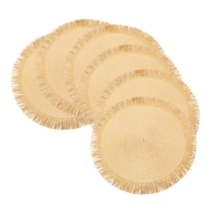 White Label Round woven placemat 38cm PP paper fringed placemat straw yellow round table mat, natural polypropylene woven heat-resistant placemat, 6-piece set