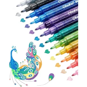 Ohuhu 12 Colour Glitter Metallic Shimmer Marker Pens, Fine Point, Water-based Ink for Crafts & Art Projects
