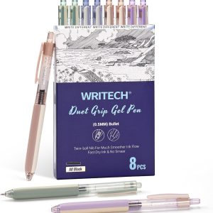 WRITECH Retractable Gel Ink Pens: 8ct Black Ink 0.5mm Extra Fine Point Tip Click Pen for Smooth Writing Journaling Drawing Note Taking Sketching No Bleed & Smear & Smudge Double Colors Duet-Grip