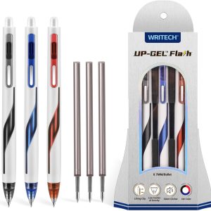 WRITECH Retractable Gel Ink Pens: Low Center of Gravity 0.7mm Medium Point Pen Multicolor with Refills No Smear Silent Click Black Blue Red 3ct Up-Gel Flash