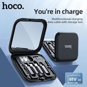 HOCO 6-in-1 Multifunctional Cable Storage Box with 60W Fast Charging, Phone Stand & Built-in Mirror – Black