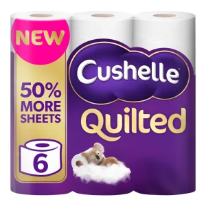 Cushelle Quilted Toilet Tissue, 3-Ply, 6 Rolls, 50% More Sheets