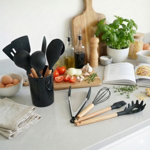 12 PCS Silicone Cooking Utensils Set with Wooden Handle, Heat Resistant,This Set of 12 Essential kitchen Tools Includes slotted turner, solid turner, deep soup ladle, egg whisk, food tong, baking brush, mixing scraper, spoonula/spatula spoon, slotted spoon, solid spoon, pasta server, utensil holder